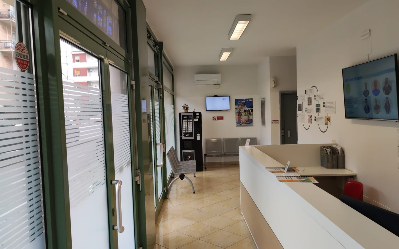 Un'area reception moderna con scrivania curva, schermo a parete, sedie, brochure e porte in vetro. Lo spazio è luminoso, con pavimenti piastrellati e un distributore automatico nell'angolo posteriore.