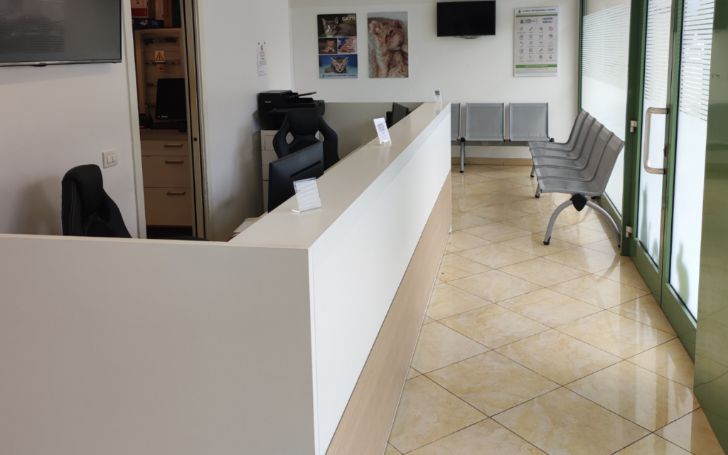 Una sala d'attesa pulita e moderna con pavimenti piastrellati, una lunga scrivania bianca con sedie da ufficio, panche grigie, poster a parete e una porta d'ingresso in vetro. L'area appare organizzata e invitante.