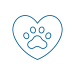 CARDIOLOGIA Il profilo blu di un cuore con l'impronta di una zampa all'interno, che simboleggia l'amore per gli animali o gli animali domestici, su sfondo bianco.