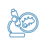 CITOLOGIA Icona di contorno blu di un microscopio che esamina un piatto con una vista ingrandita di un batterio o microbo, su uno sfondo chiaro.