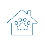 DEGENZE Una semplice sagoma blu di una casa con una grande impronta di zampa all'interno, che simboleggia una casa o un rifugio per animali, su sfondo bianco.