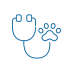 ECOCARDIOGRAFIA Un'icona di contorno blu che mostra uno stetoscopio con l'auricolare a sinistra e il pettorale a forma di impronta di zampa a destra, che simboleggia le cure veterinarie.