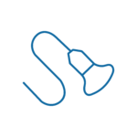 ECOGRAFIA Icona di contorno blu di un rocchetto di filo con un pezzo di filo sciolto che si srotola da esso, su uno sfondo grigio chiaro.