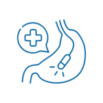 ENDOSCOPIA Disegno lineare di uno stomaco con all'interno un dispositivo a forma di capsula che emette linee per indicare l'azione e una bolla vocale con il simbolo di una croce medica, che rappresenta una procedura medica o uno strumento diagnostico.