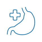 GASTROENTEROLOGIA Disegno a linee blu di uno stomaco umano con sopra il simbolo di una croce medica, che rappresenta la salute dell'apparato digerente o la cura medica dello stomaco.
