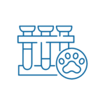 LABORATORIO ANALISI Disegno a linee blu di tre provette in uno scaffale con un'icona a forma di zampa davanti, che rappresenta test di laboratorio veterinari o animali.