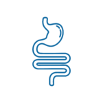 LAPAROSCOPIA Un semplice disegno a linee blu di uno stomaco e di un intestino umano su uno sfondo grigio chiaro, che illustra una parte dell'apparato digerente.