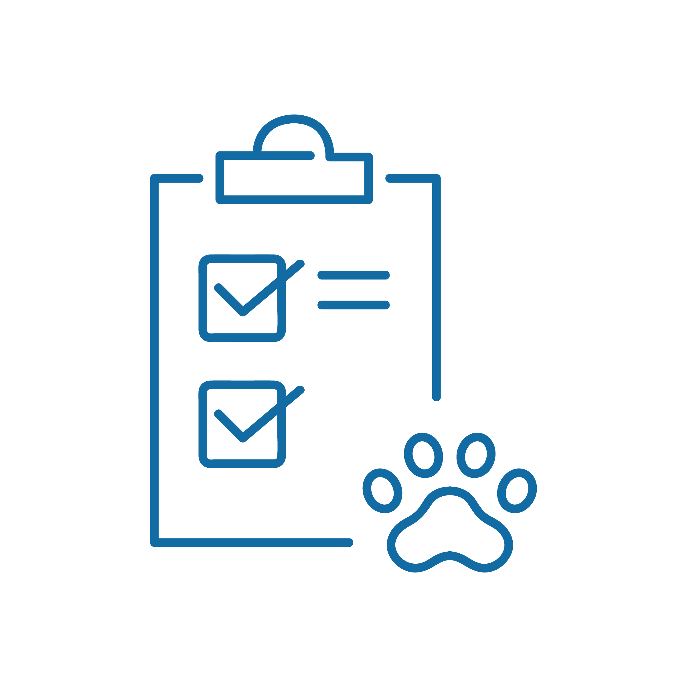 MEDICINA INTERNA Icona blu di una cartellina con due caselle e linee spuntate, accanto a un'impronta di zampa, su uno sfondo grigio chiaro. Rappresenta una lista di controllo relativa agli animali domestici o alle cure veterinarie.