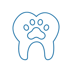 ODONTOSTOMATOLOGIA Una semplice sagoma blu di un dente con l'impronta di una zampa al suo interno, che simboleggia l'odontoiatria veterinaria o la cura dei denti degli animali domestici, su sfondo bianco.