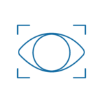 OFTALMOLOGIA Il contorno blu di un occhio è centrato all'interno di quattro parentesi angolari, come un'icona di messa a fuoco o di scansione, su uno sfondo bianco.