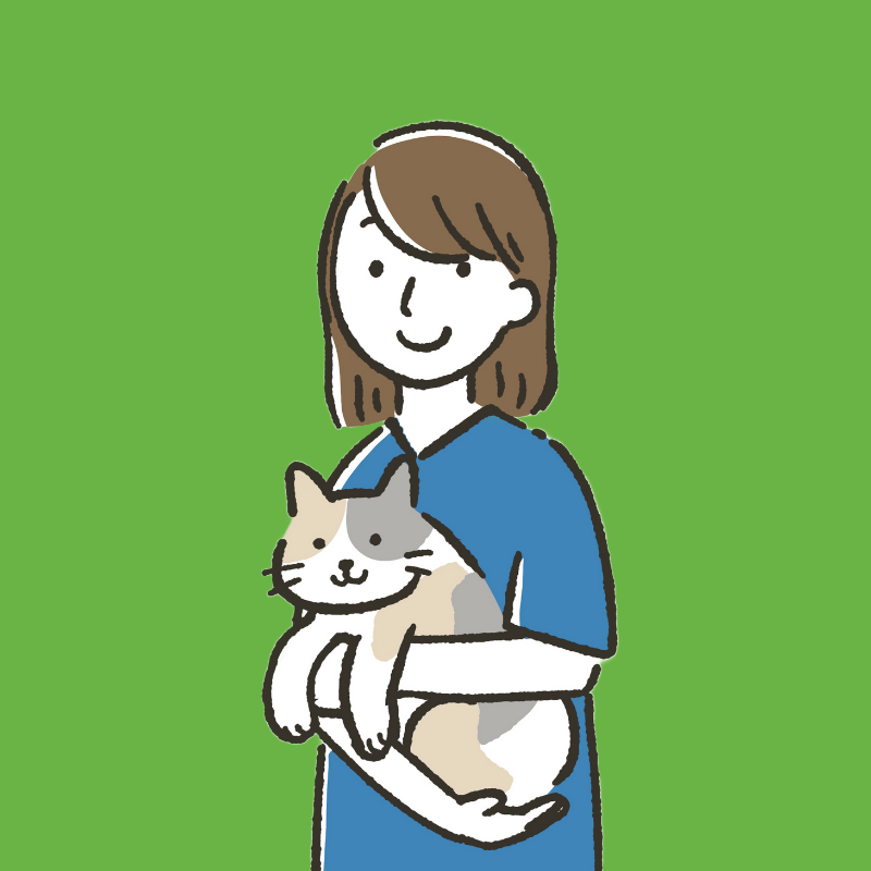 Illustrazione di una persona sorridente con capelli castani che indossa una camicia blu e tiene in braccio un gatto contento, su uno sfondo verde pieno.