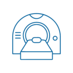 TC Disegno lineare di uno scanner per risonanza magnetica o tomografia computerizzata con un tavolo per il paziente che si estende all'esterno, visto dal davanti. La macchina è circolare con un piccolo pannello di controllo sul lato sinistro.